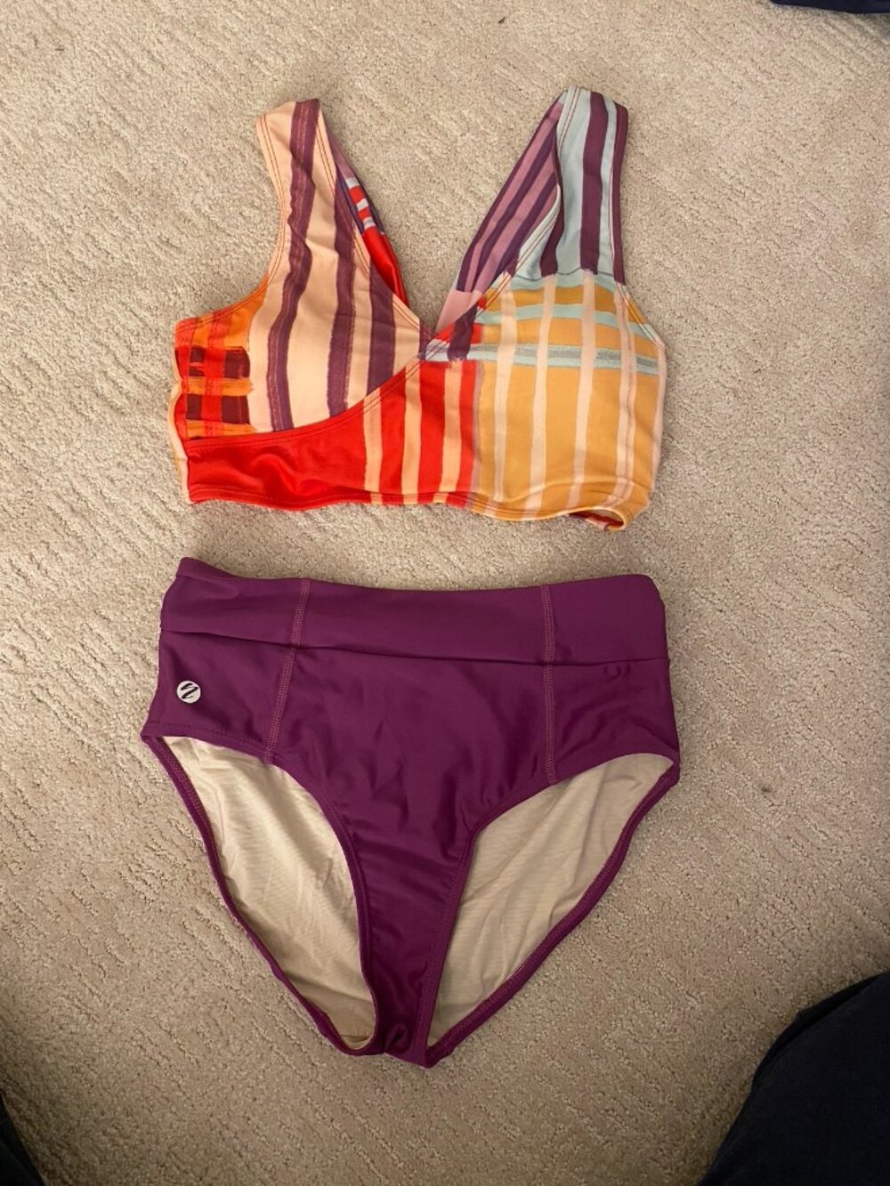 Striped Multi-Color Bikini Top with Purple High-Waist Bottom